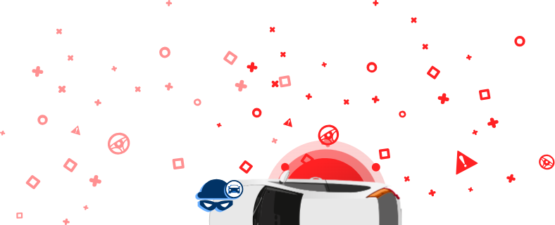 Eine Grafik, die ein mit Klebeband umwickeltes Auto, die Motorhaube eines Einbrechers und eine Kappe mit dem Autosymbol auf rotem Hintergrund zeigt. Dieses Bild zeigt den Zugang zu Datenbanken mit gestohlenen Fahrzeugen, um zu überprüfen, ob ein Auto gestohlen wurde