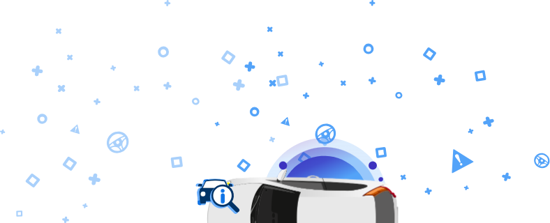 Illustration mit einem weißen Auto von oben mit blauen Symbolen rundherum und dem VIN-Schriftzug