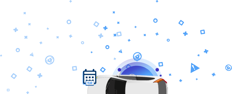 Weißes Auto, von oben gesehen, mit blauen Symbolen, darunter die Worte „REGISTRIERT“ sowie andere Automobilsymbole