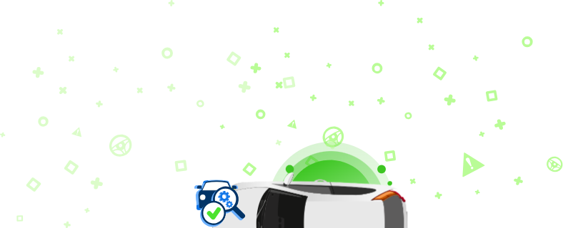 Weißes Auto von oben und Symbole rundherum, einschließlich der Worte “GEWARTET?” und des VIN-Symbols und anderer Automobilsymbole