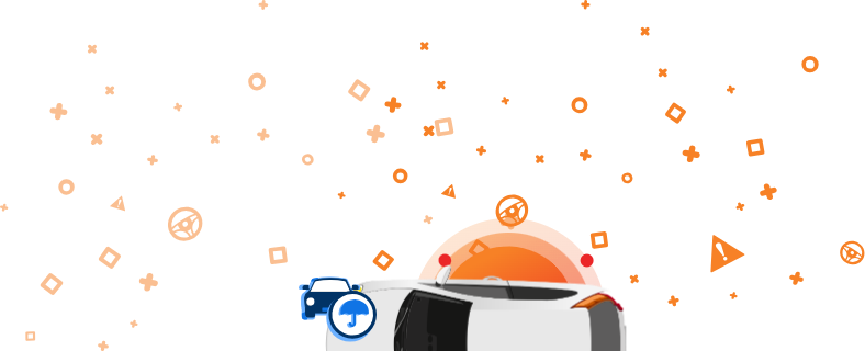 Weißes Auto, von oben gesehen, mit orangefarbenen Symbolen, darunter die Worte „VERSICHERT?“ sowie andere Automobilsymbole