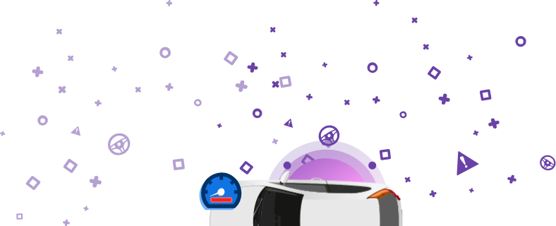 Ein Bild, das ein beschädigtes Fahrzeug zeigt, dessen Tachometer einen roten Balken auf violettem Hintergrund anzeigt. Dieses Symbol weist darauf hin, wie wichtig es ist, den Kilometerzähler zu überprüfen, um einen genauen Kilometerstand zu gewährleisten