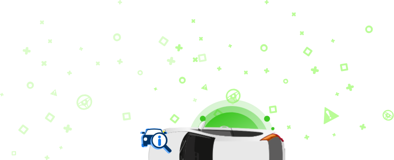 Eine Illustration eines Autos mit einer Lupe, die ein Informationssymbol auf einem grünen Hintergrund mit dekorativen Formen anzeigt. Dieses Bild zeigt die Überprüfung der VIN-Nummer des Fahrzeugs für Details