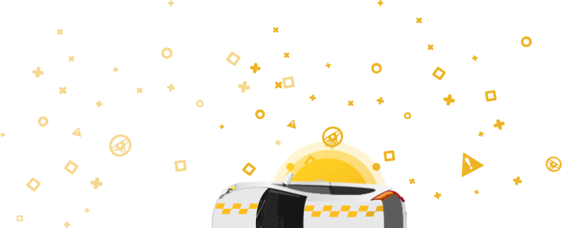 Das Bild eines Autos mit einem Taxischild an der Spitze auf einem gelben Hintergrund mit geometrischen Formen. Diese Grafik bezieht sich auf den Zweck des Fahrzeugs und zeigt, dass es als Taxi betrieben wurde.