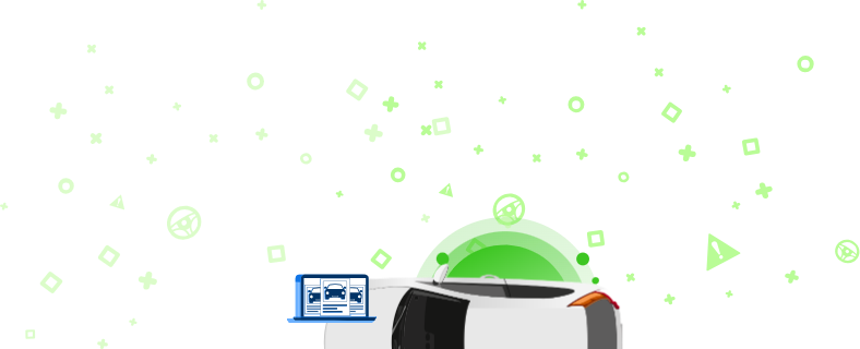 Illustration eines Autos mit einem Laptop, der Bilder des Fahrzeugs und einen grünen Hintergrund mit geometrischen Formen zeigt. Dieses Bild zeigt die Verwendung eines QR-Codes für den Zugriff auf detaillierte Fahrzeugdaten