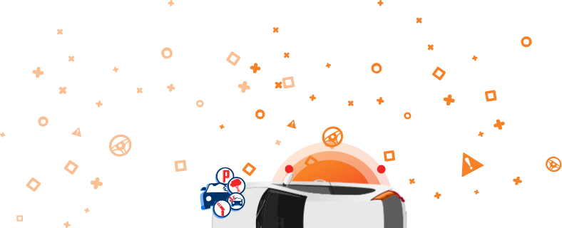 Illustration eines beschädigten Autos mit Symbolen für Klimaanlage, Einparkhilfe und Sitzheizung auf einem orangefarbenen Hintergrund mit geometrischen Formen. Dieses Bild kennzeichnet die Ausstattung und die Funktionen des Fahrzeugs