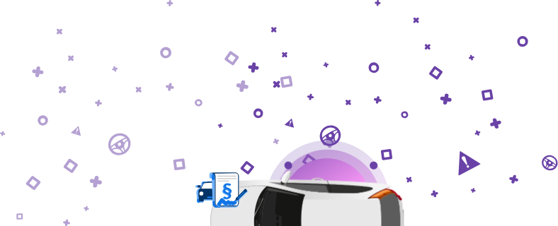 Ein Bild, das ein Auto mit einem Dokument zeigt, das ein Paragraphen-Symbol und eine Unterschrift vor einem violetten Hintergrund enthält. Dieses Symbol zeigt das Vorhandensein von Steuerpfandrechten an dem Fahrzeug an