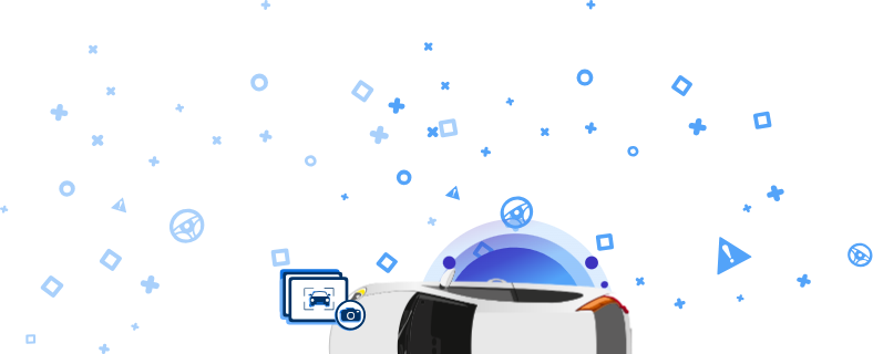 Das Bild zeigt ein beschädigtes Auto mit einem Kamerasymbol und einem Autosymbol auf blauem Hintergrund mit dekorativen Elementen. Dieses Symbol zeigt die Aufnahme von Fotos des Fahrzeugs für eine detaillierte visuelle Aufzeichnung an