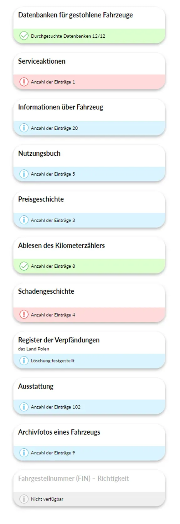 Bericht über Fahrzeughistorie von autoDNA - Meldezentrum