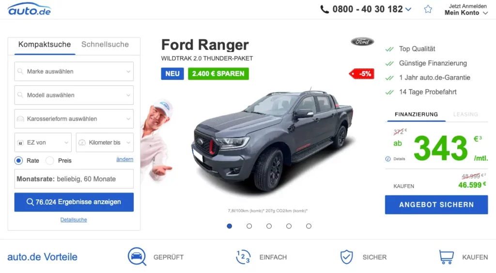 Auto.de - Bildschirmfoto der Startseite.