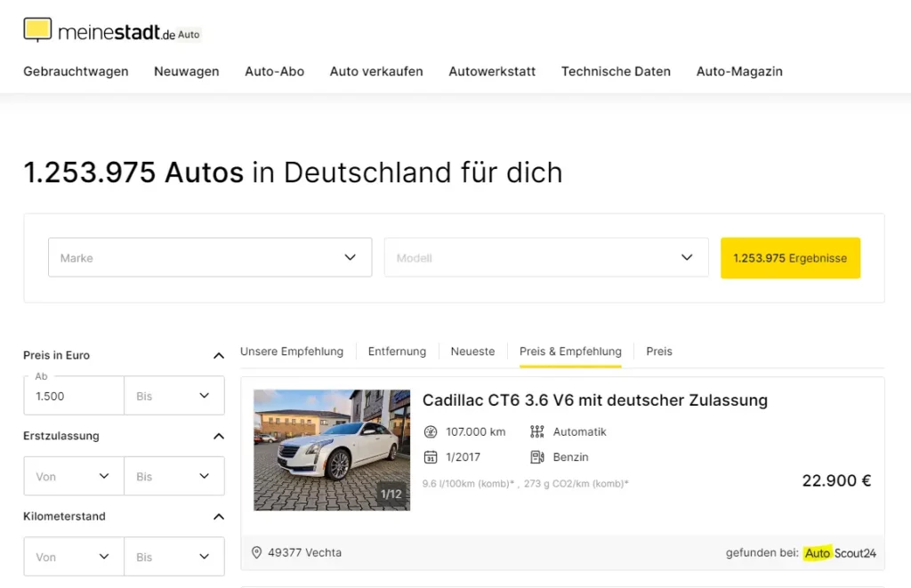 auto.meinestadt.de - Bildschirmausschnitt der Hauptseite