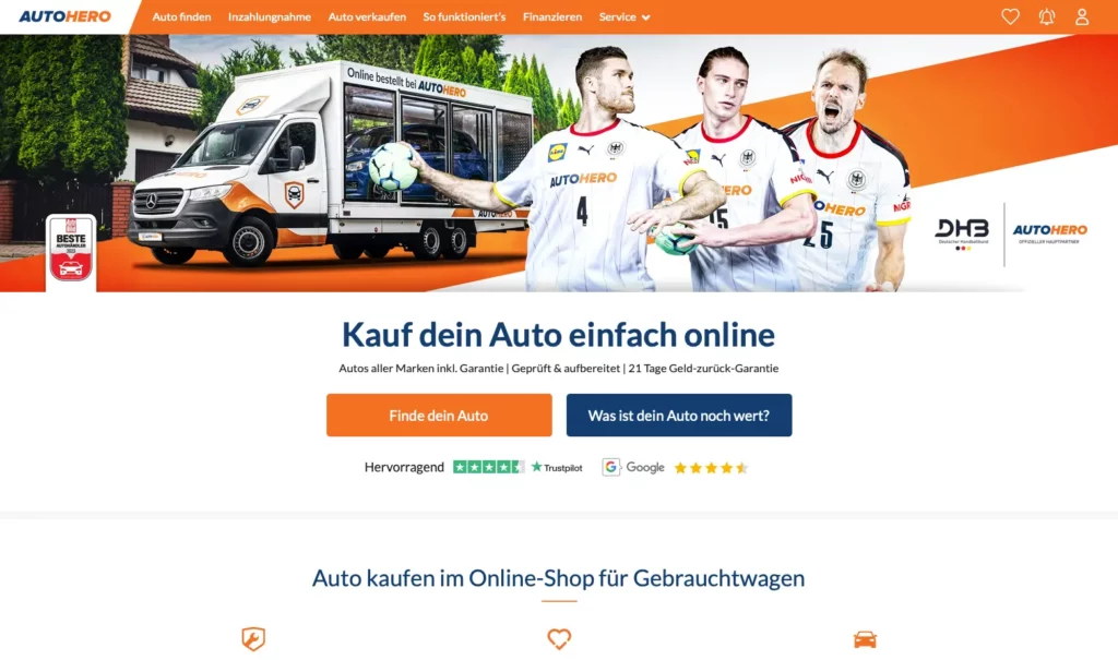 Autohero - Bildschirmausschnitt der Hauptseite
