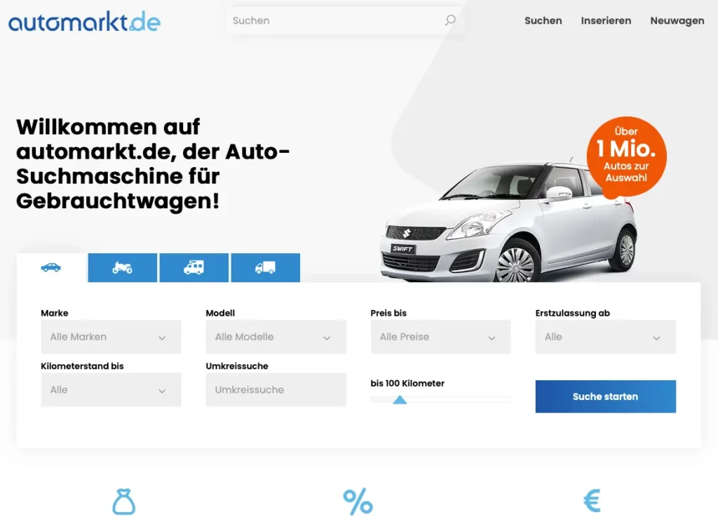 Automarkt.de - Bildschirmausschnitt der Hauptseite
