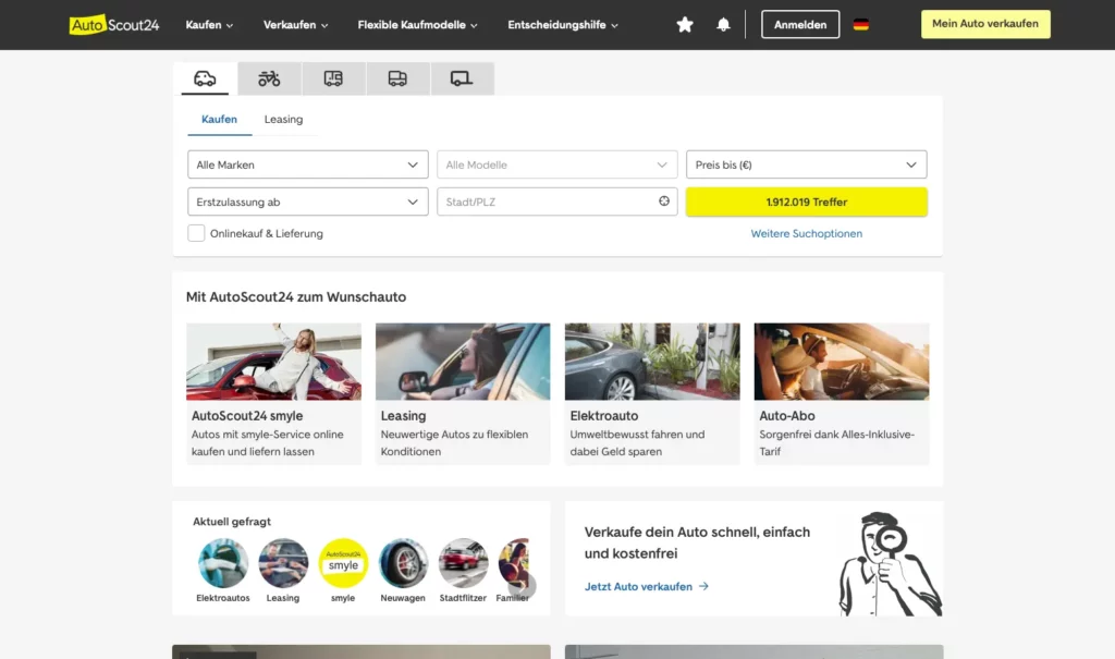 Autoscout24.de - Bildschirmfoto der Startseite