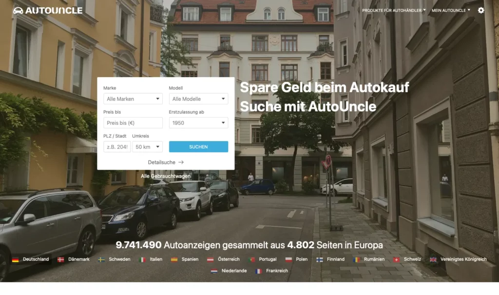 Autouncle - Bildschirmausschnitt der Hauptseite