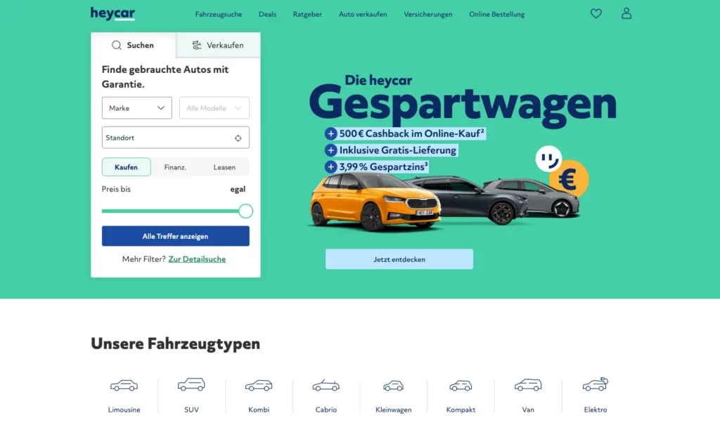 Heycar - Bildschirmausschnitt der Hauptseite
